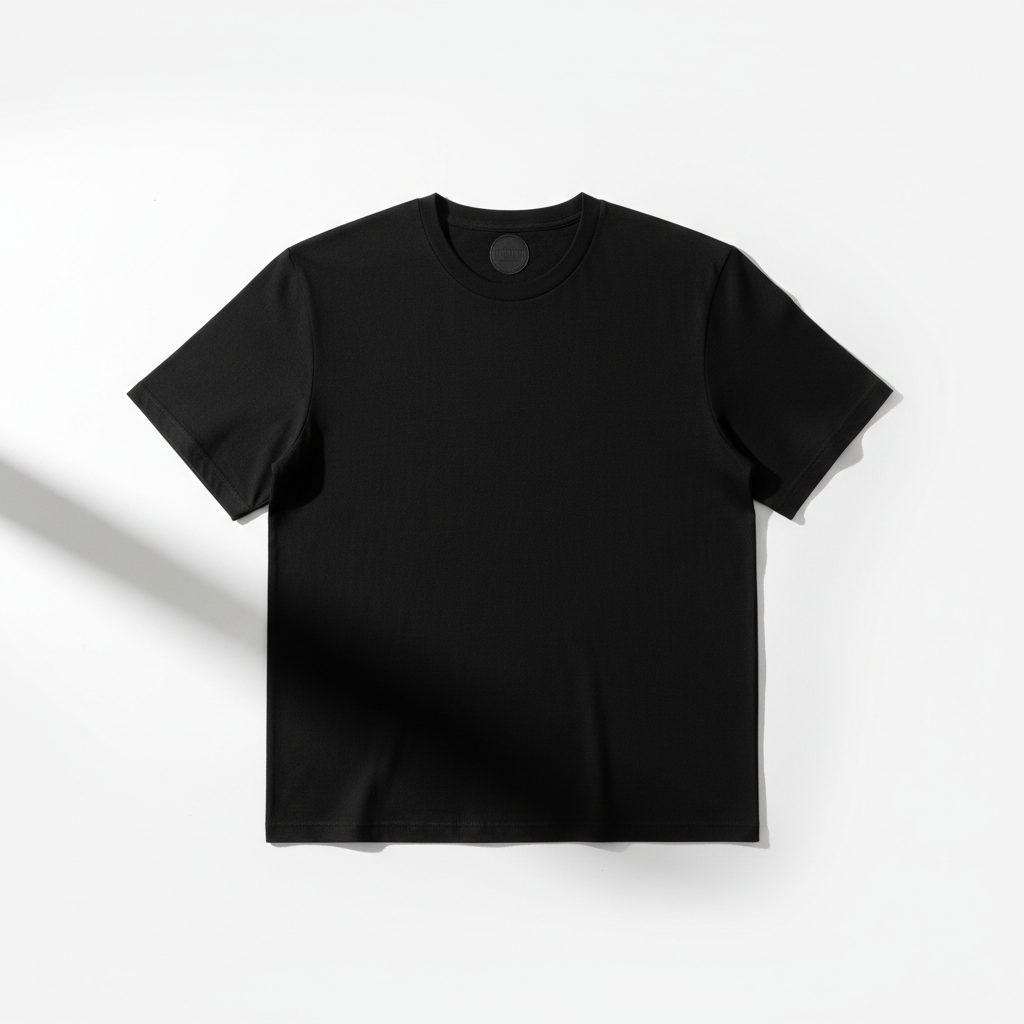 Minimal flat lay of a plain black t-shirt on a white background